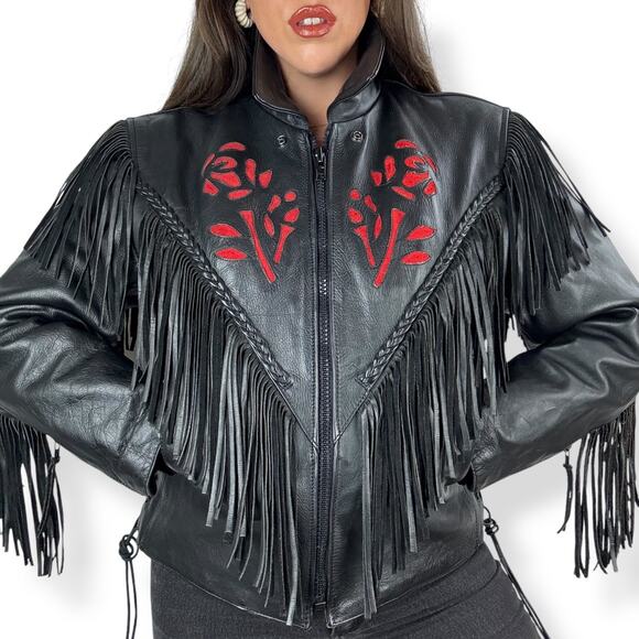 Vintage black fringe rose leather motorcycle jacket INTERSTATE LEATHER